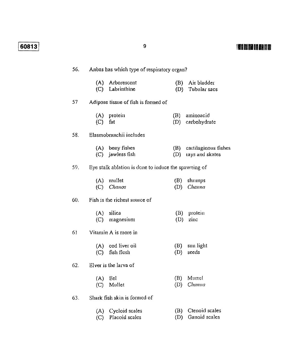 CUSAT CAT 2013 Fisheries Question Paper - Page 10