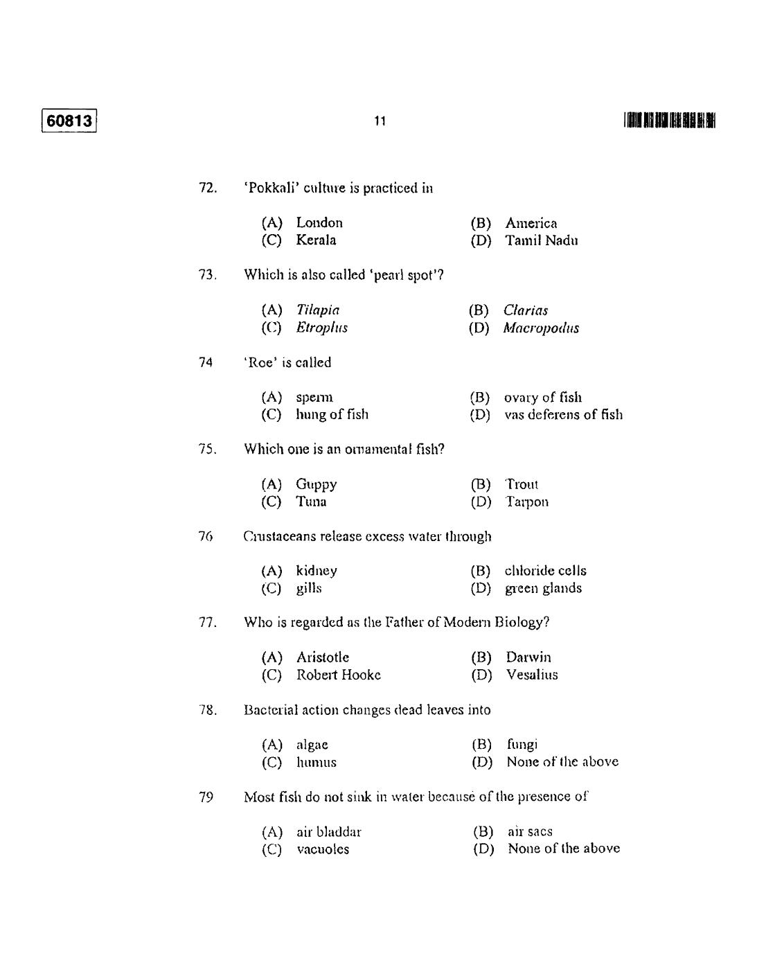 CUSAT CAT 2013 Fisheries Question Paper - Page 12