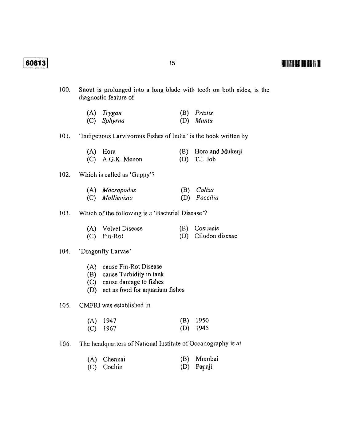 CUSAT CAT 2013 Fisheries Question Paper - Page 16