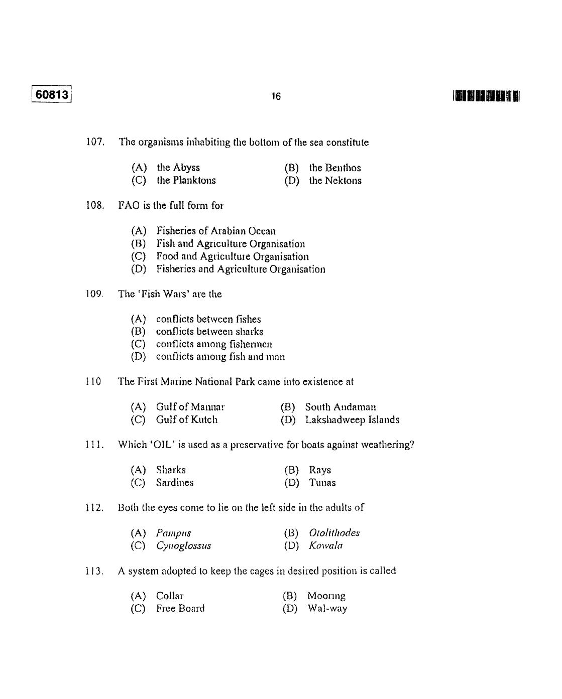 CUSAT CAT 2013 Fisheries Question Paper - Page 17