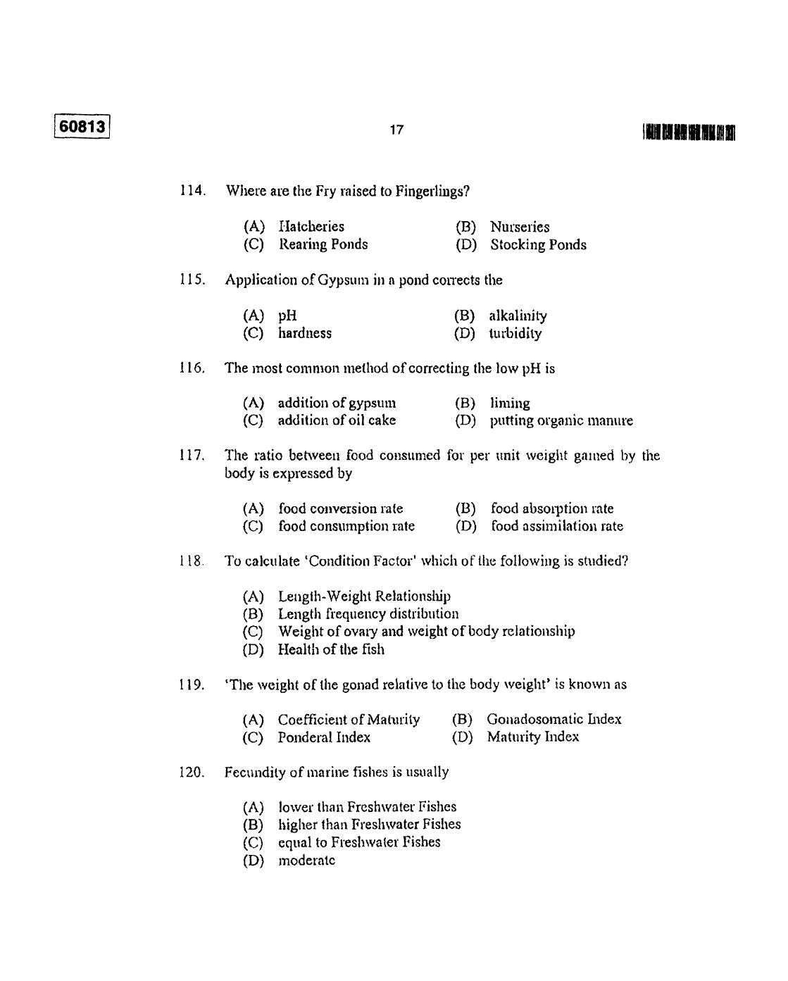 CUSAT CAT 2013 Fisheries Question Paper - Page 18