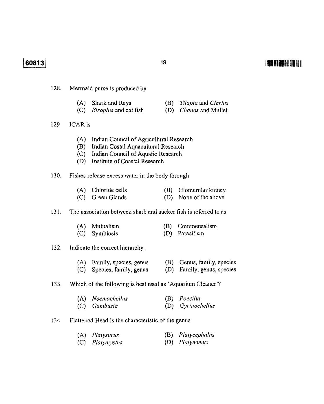 CUSAT CAT 2013 Fisheries Question Paper - Page 20