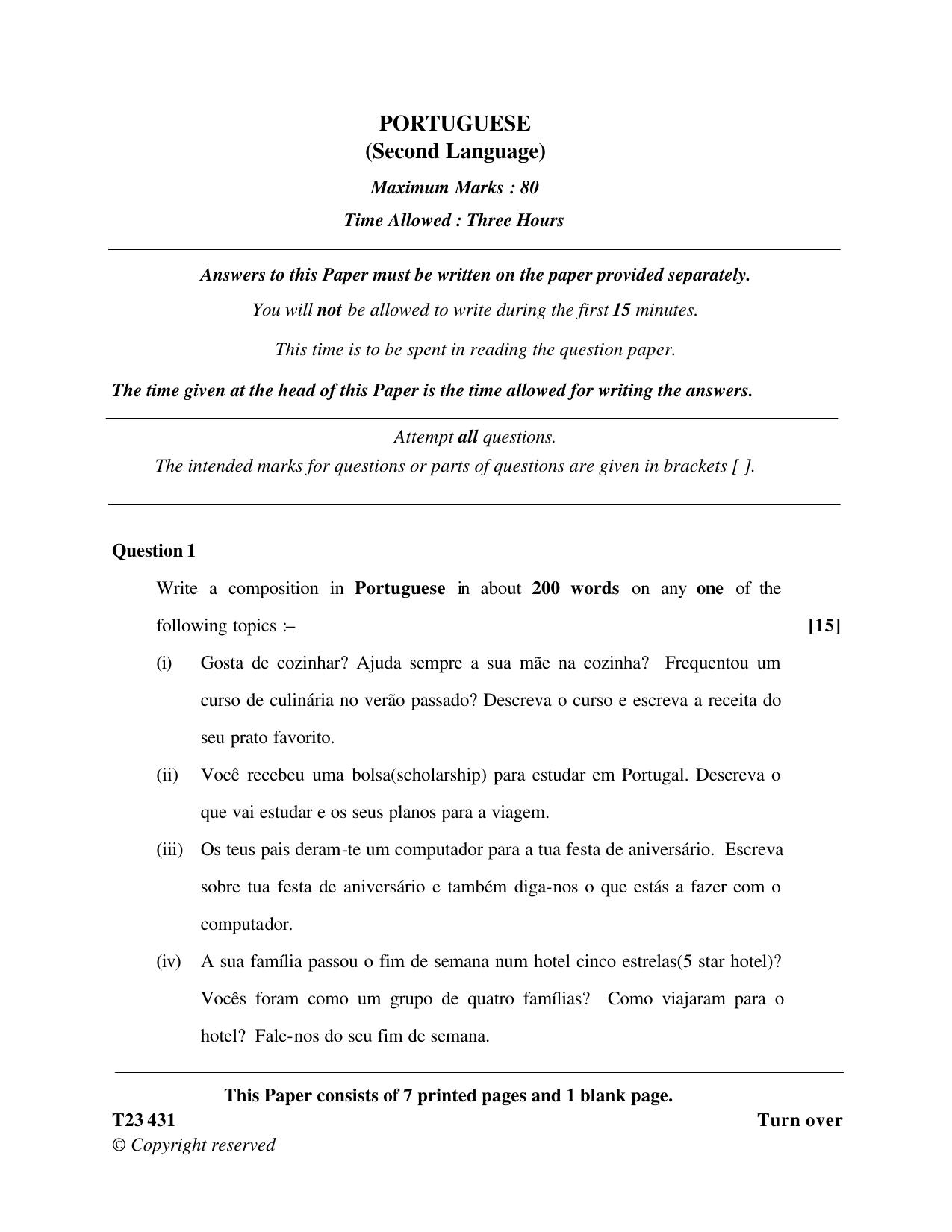 ICSE Class 10 PORTUGUESE 2023 Question Paper - Page 1