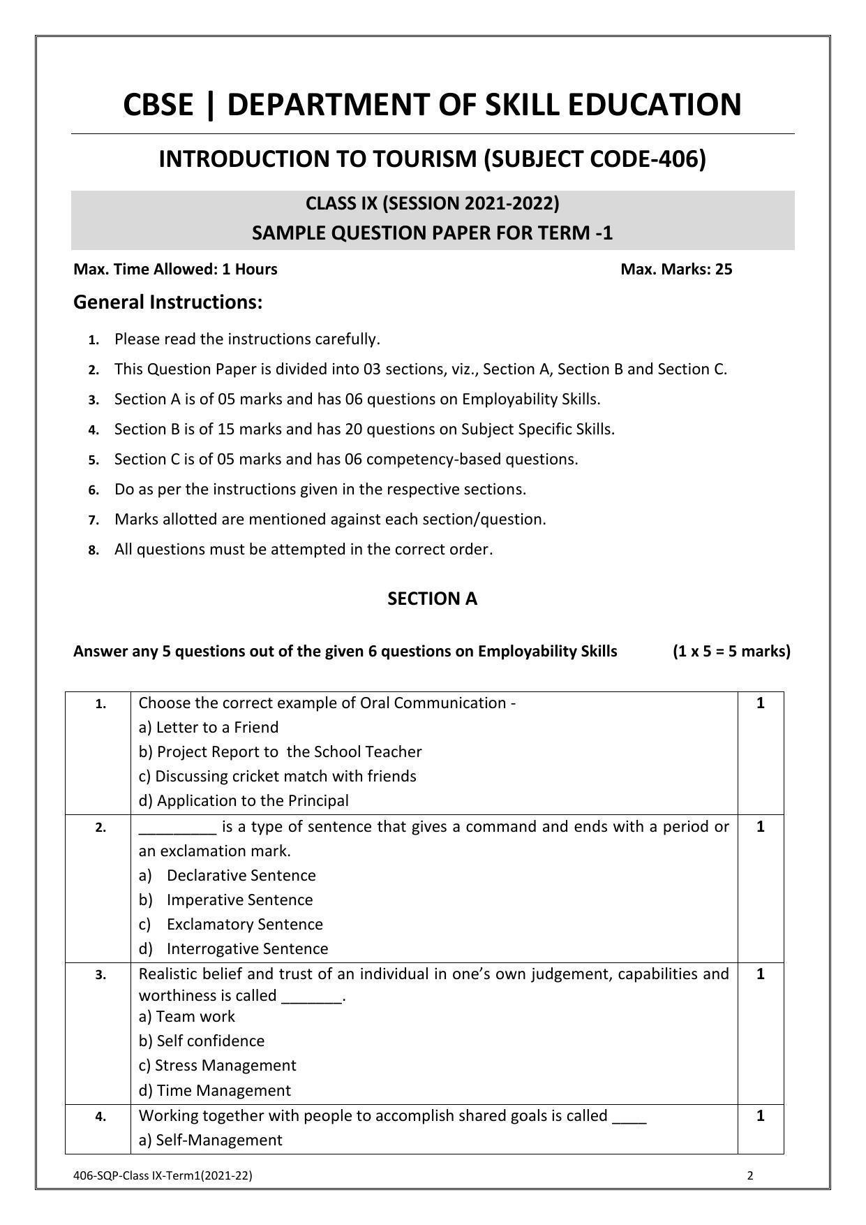 CBSE Class 10 Skill Education (Term I) - Introduction To Tourism Sample Paper 2021-22 - Page 2