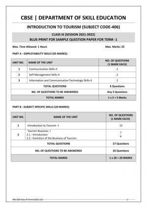 CBSE Class 10 Skill Education (Term I) - Introduction To Tourism Sample Paper 2021-22