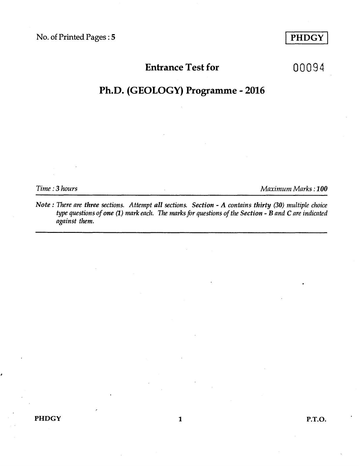 IGNOU PhD Entrance Test Ph.D (Geology) 2016 Question Paper - Page 1