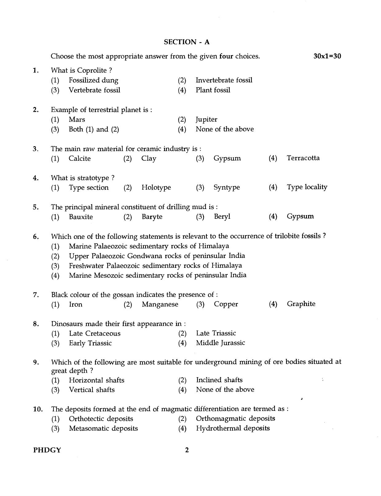 IGNOU PhD Entrance Test Ph.D (Geology) 2016 Question Paper - Page 2