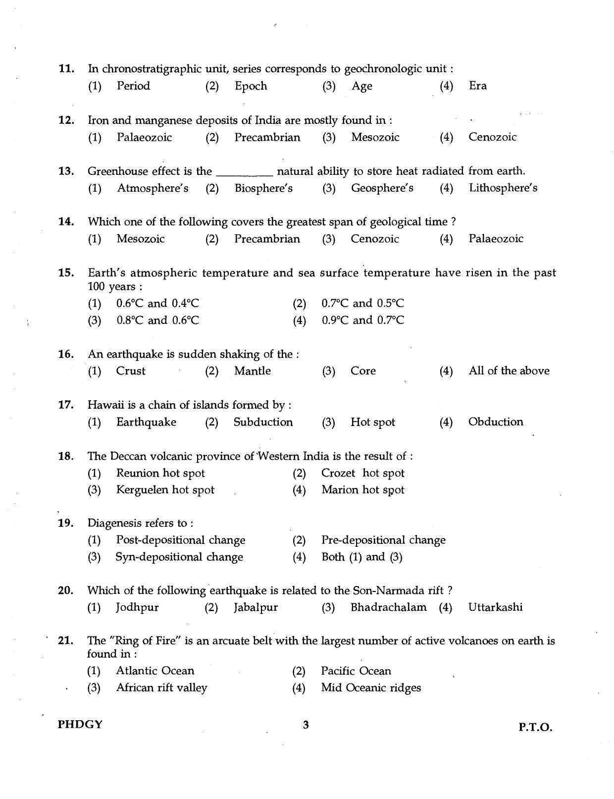 IGNOU PhD Entrance Test Ph.D (Geology) 2016 Question Paper - Page 3