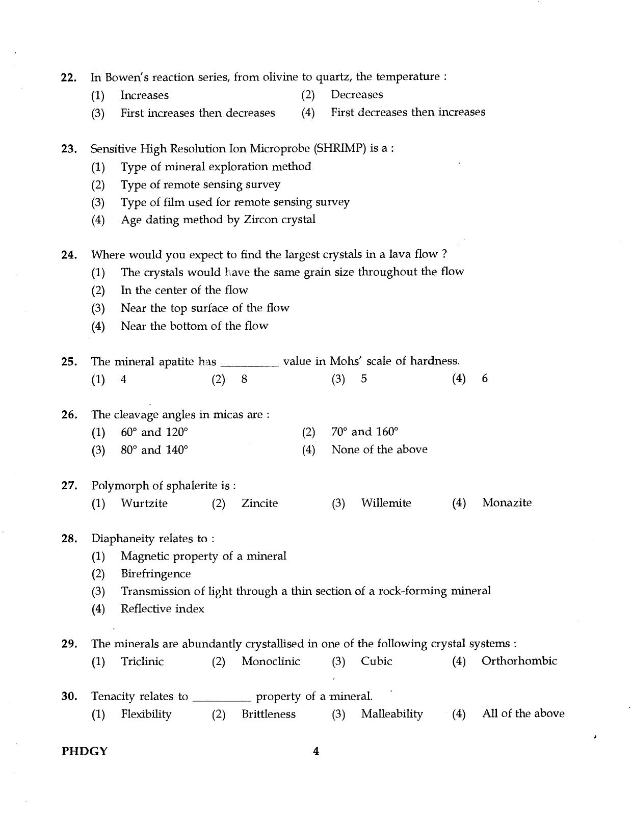 IGNOU PhD Entrance Test Ph.D (Geology) 2016 Question Paper - Page 4