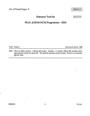 IGNOU PhD Entrance Test Ph.D (Geology) 2016 Question Paper