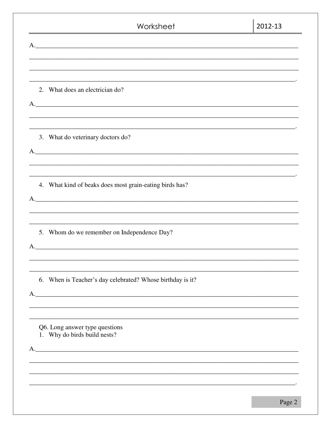 Worksheet for Class 3 EVS Assignment 16 Revision Sheet - Page 2