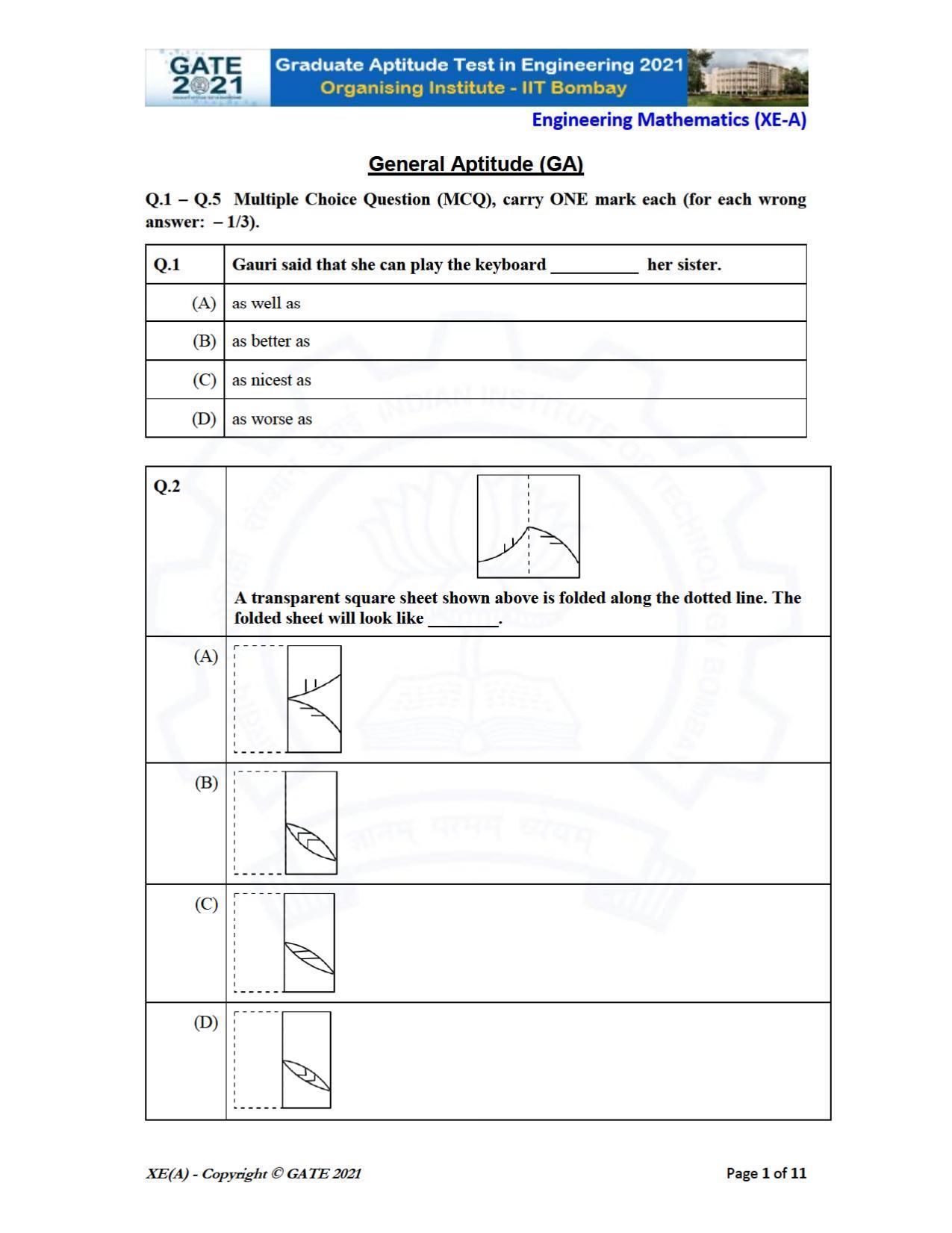 GATE 2021 Engineering Sciences	(XE) Question Paper - Page 1