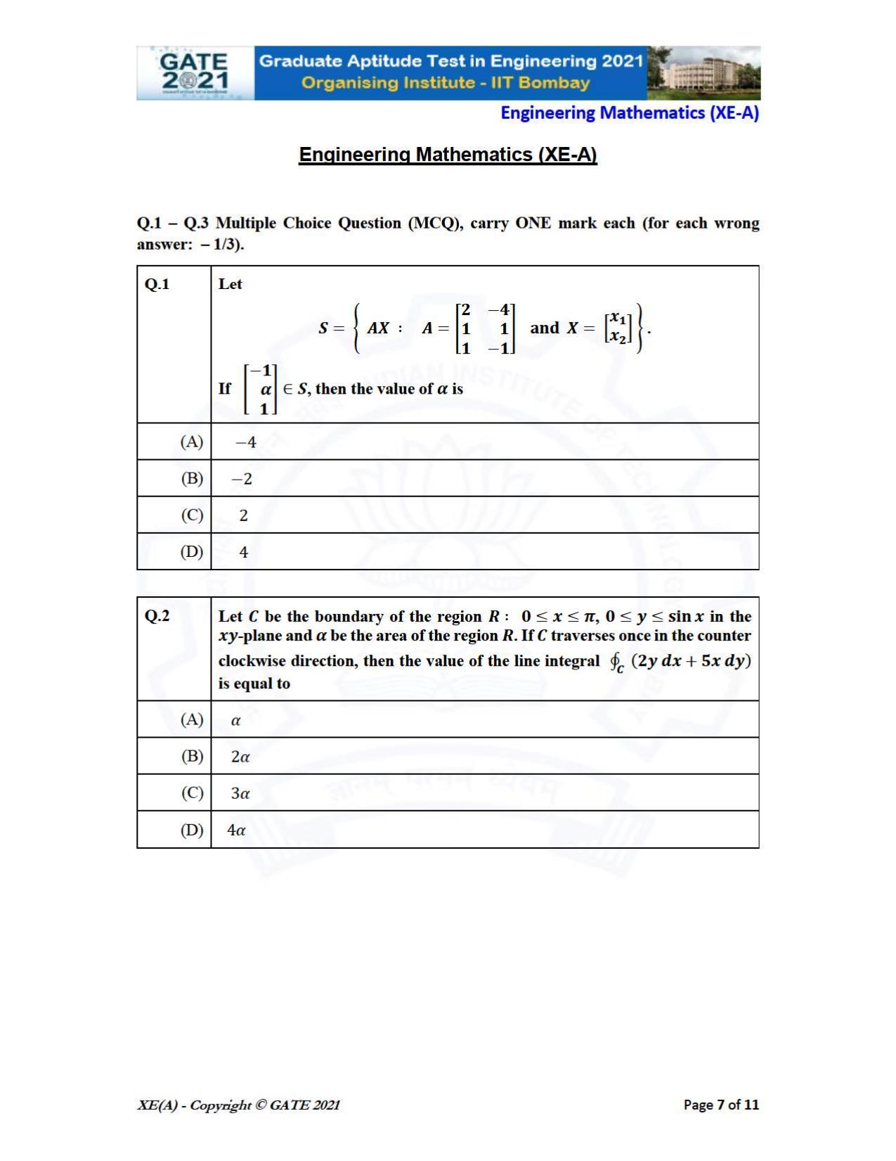 GATE 2021 Engineering Sciences	(XE) Question Paper - Page 7