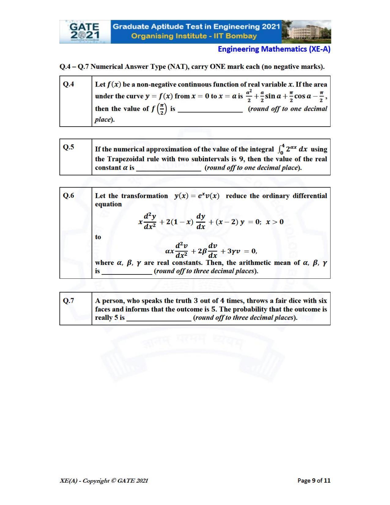 GATE 2021 Engineering Sciences	(XE) Question Paper - Page 9
