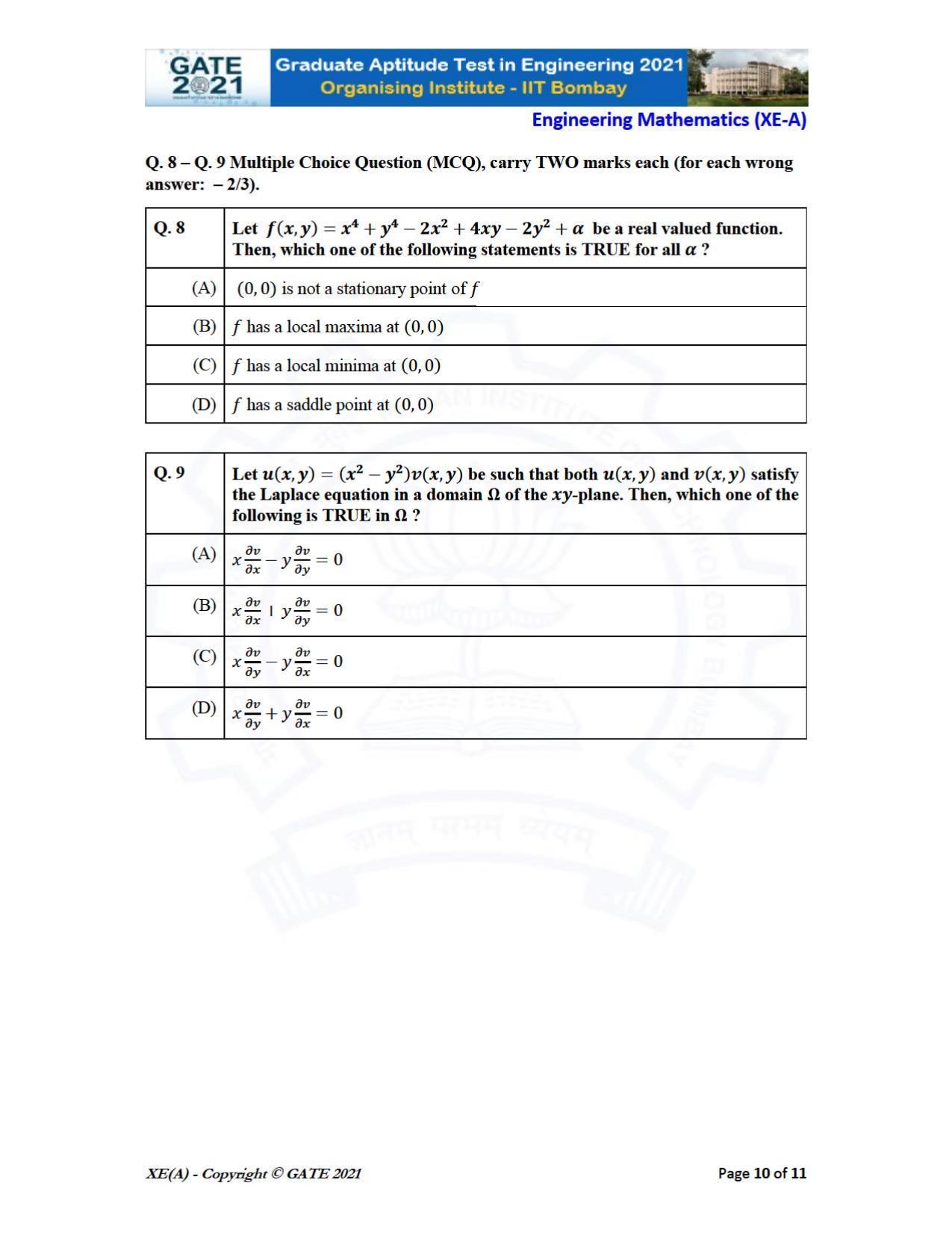 GATE 2021 Engineering Sciences	(XE) Question Paper - Page 10