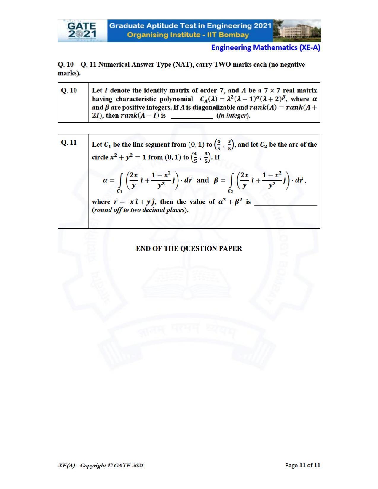 GATE 2021 Engineering Sciences	(XE) Question Paper - Page 11