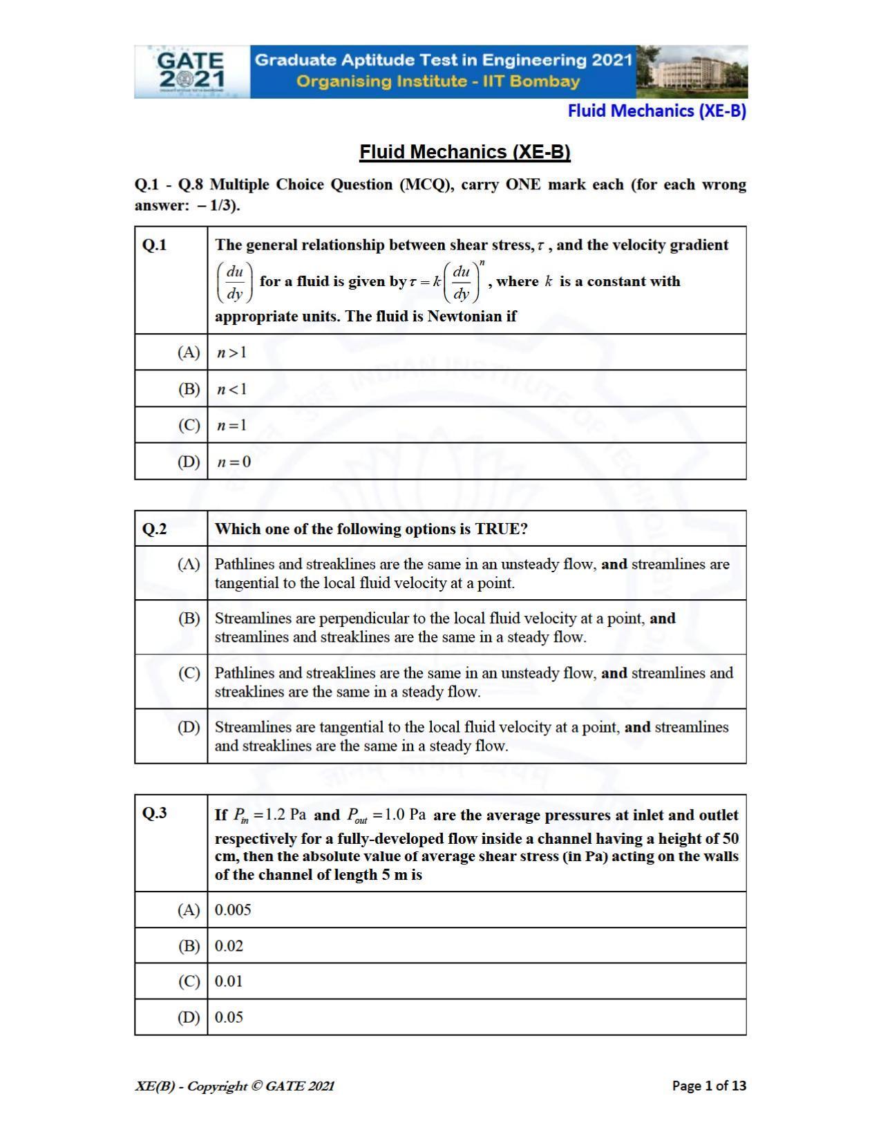 GATE 2021 Engineering Sciences	(XE) Question Paper - Page 13