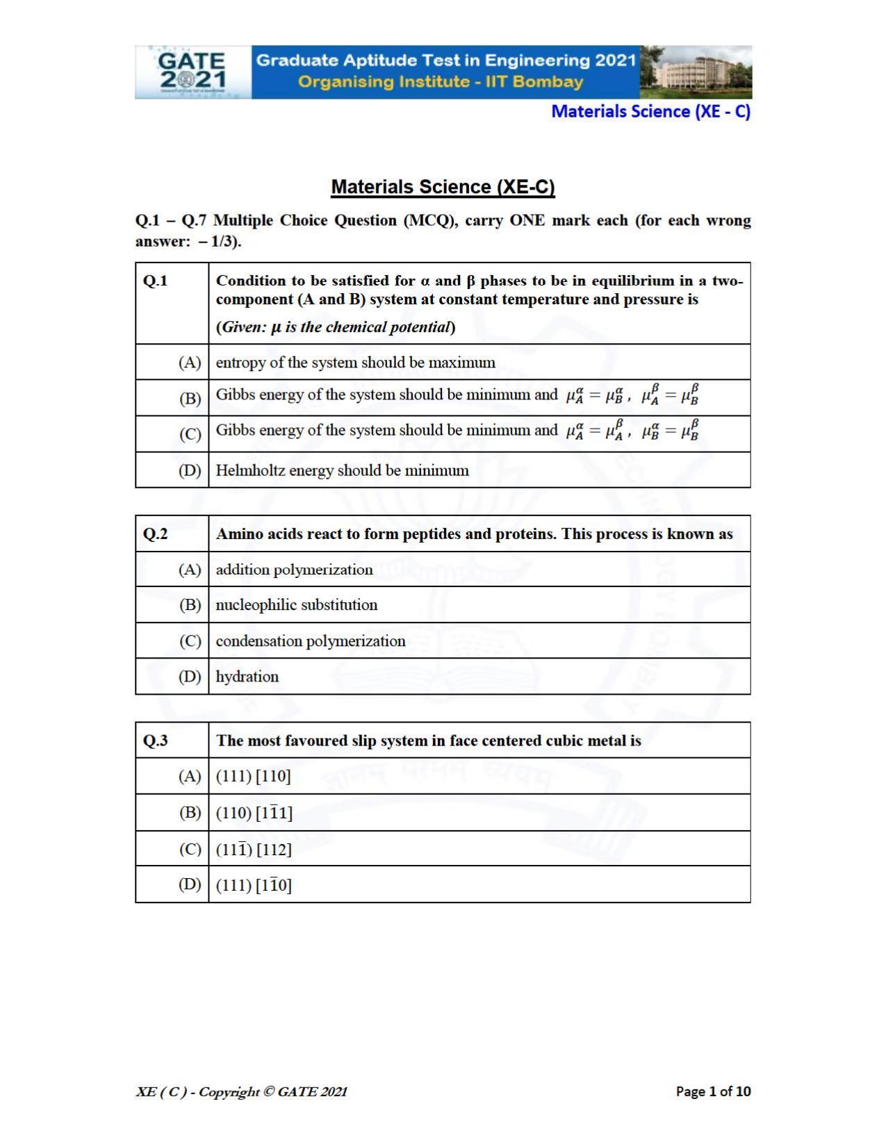 GATE 2021 Engineering Sciences	(XE) Question Paper - Page 27
