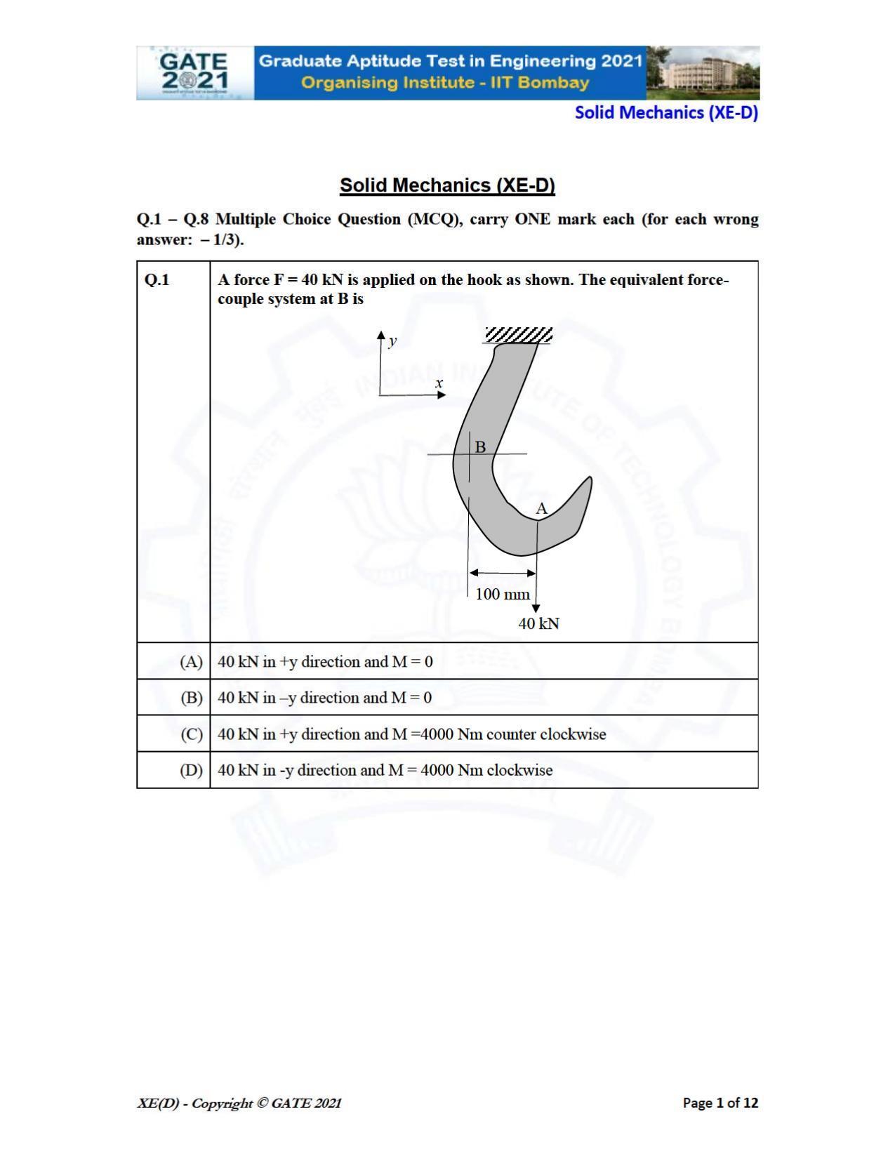 GATE 2021 Engineering Sciences	(XE) Question Paper - Page 39
