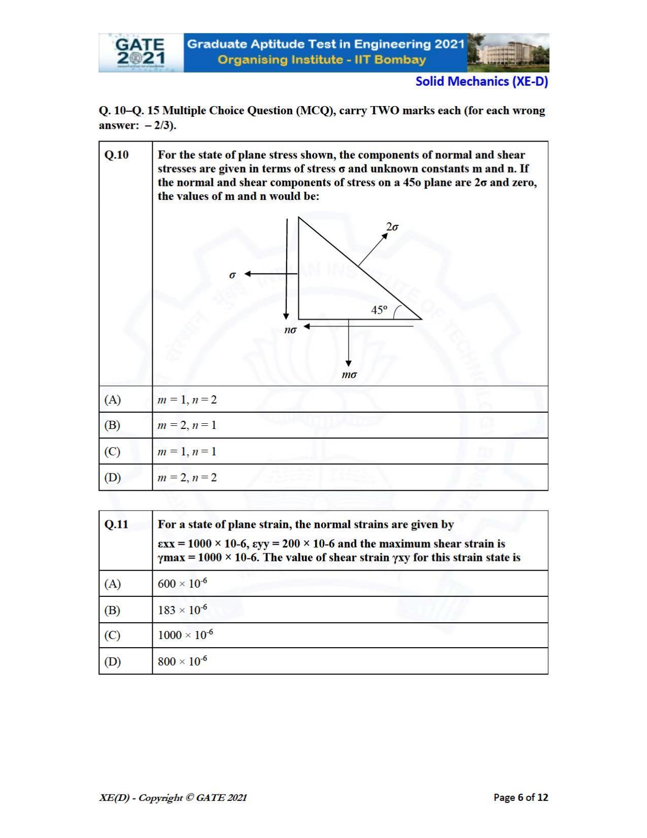 GATE 2021 Engineering Sciences	(XE) Question Paper - Page 44