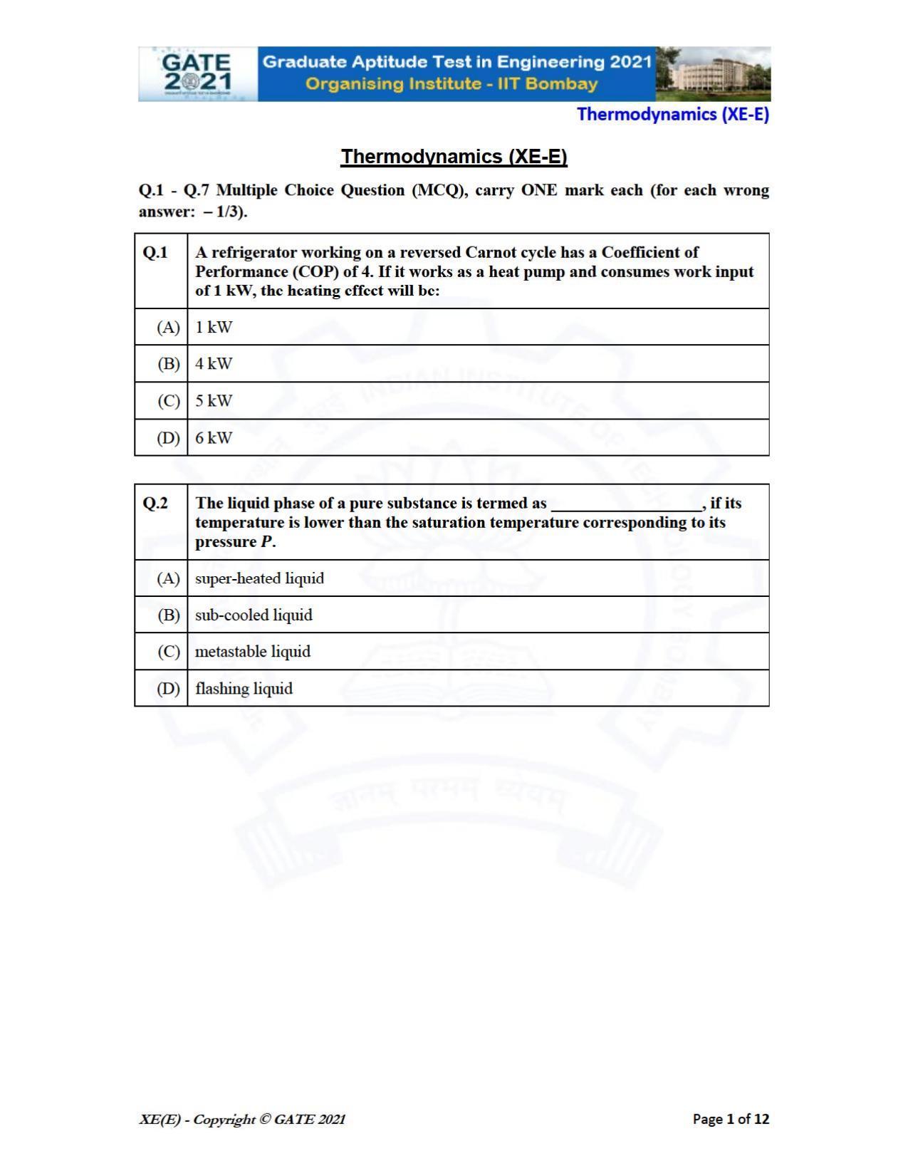 GATE 2021 Engineering Sciences	(XE) Question Paper - Page 52