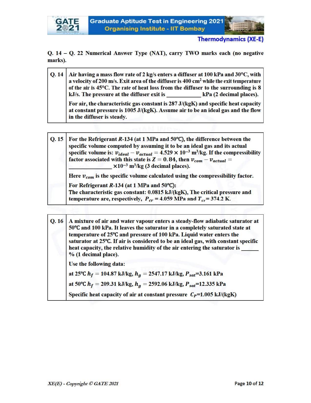GATE 2021 Engineering Sciences	(XE) Question Paper - Page 61