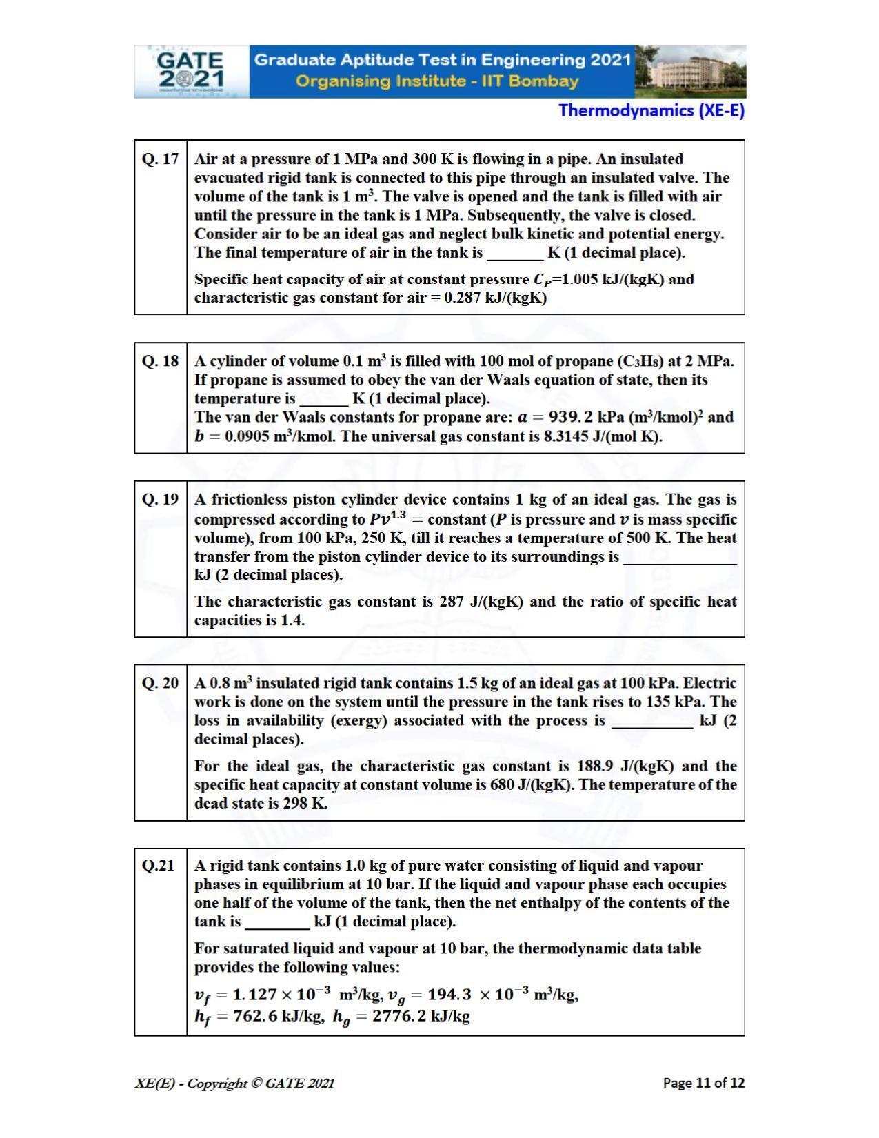 GATE 2021 Engineering Sciences	(XE) Question Paper - Page 62