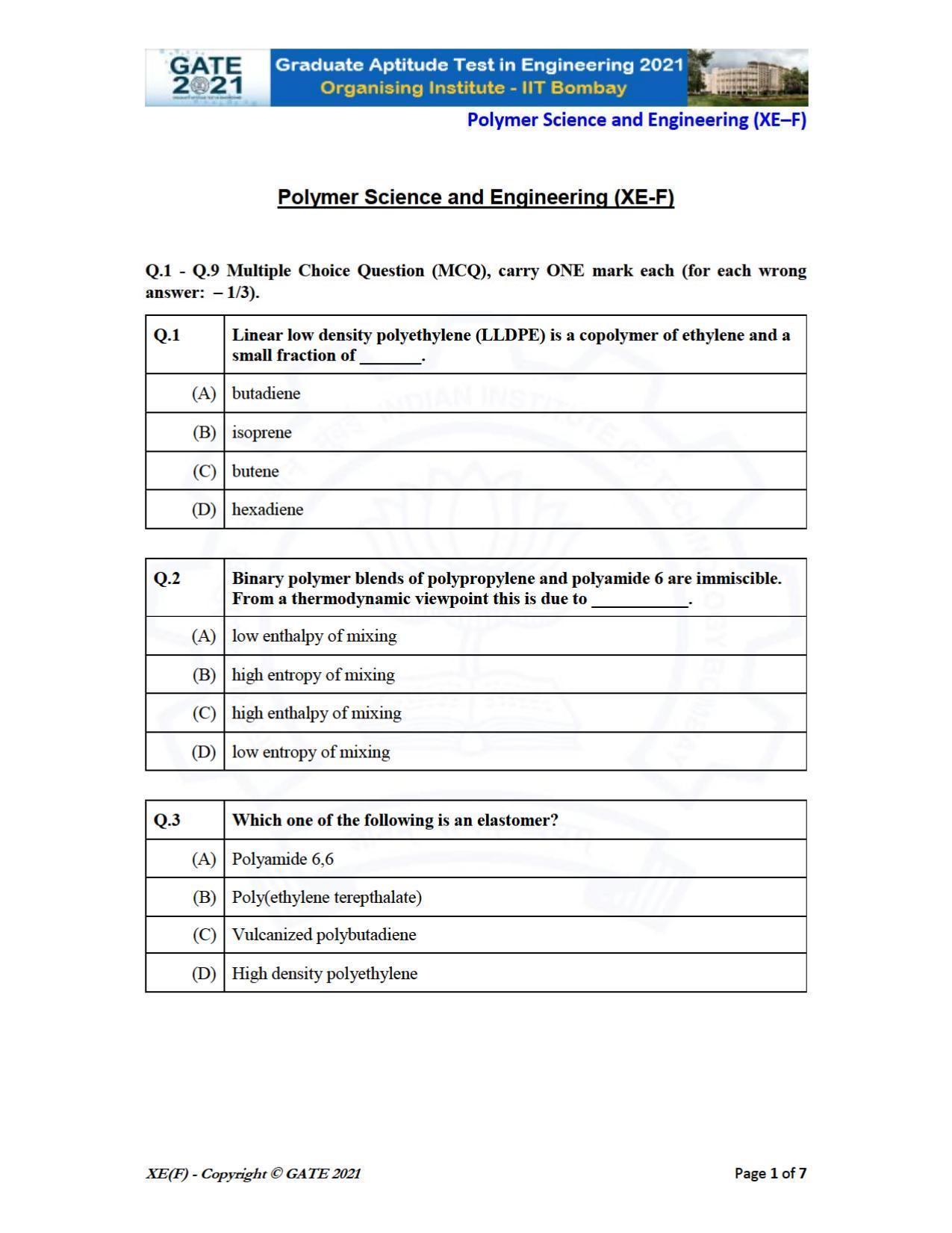 GATE 2021 Engineering Sciences	(XE) Question Paper - Page 65