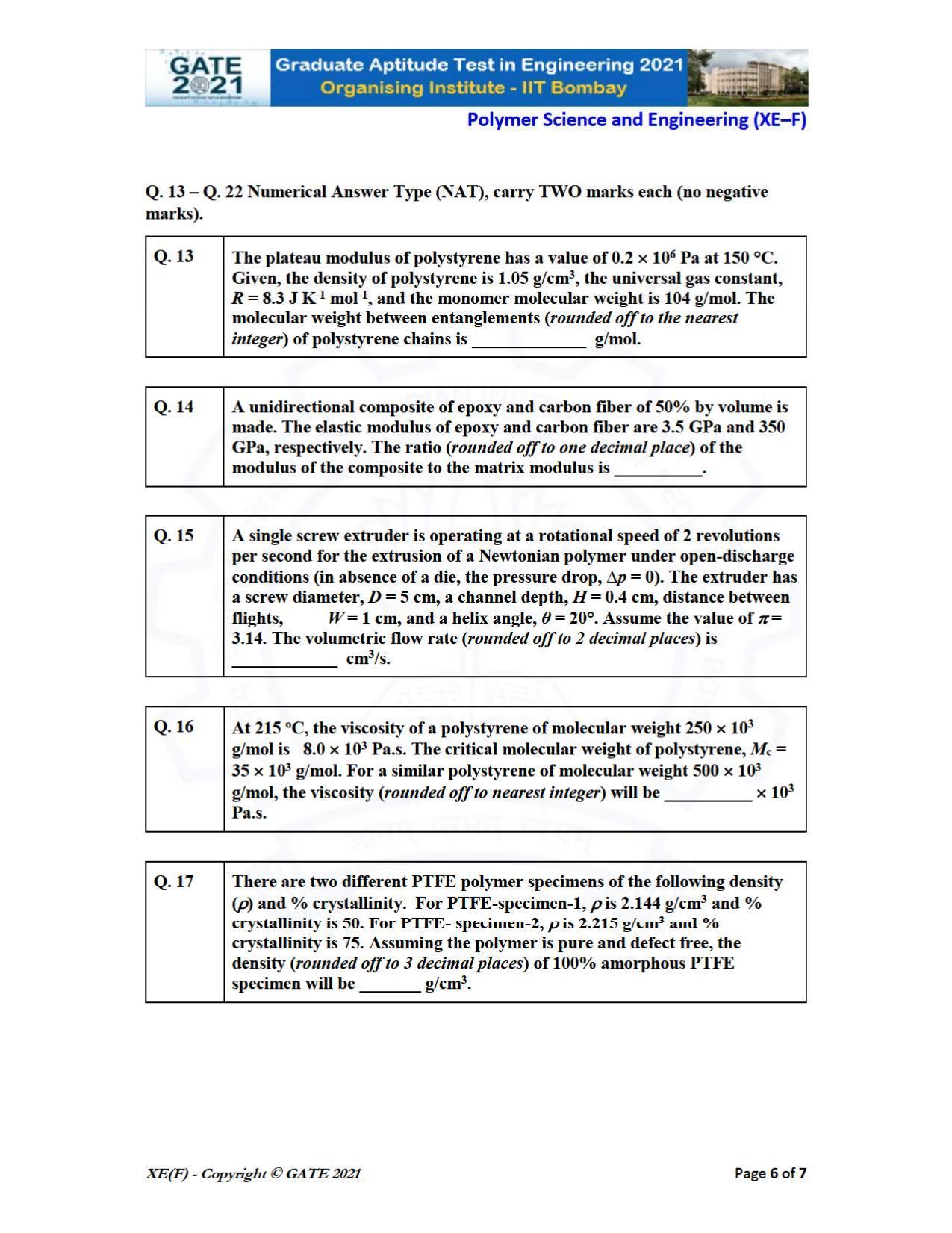 GATE 2021 Engineering Sciences	(XE) Question Paper - Page 70