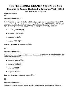Diploma in Animal Husbandary Entrance Test 2016 Paper-I (Slot-2) with Answers
