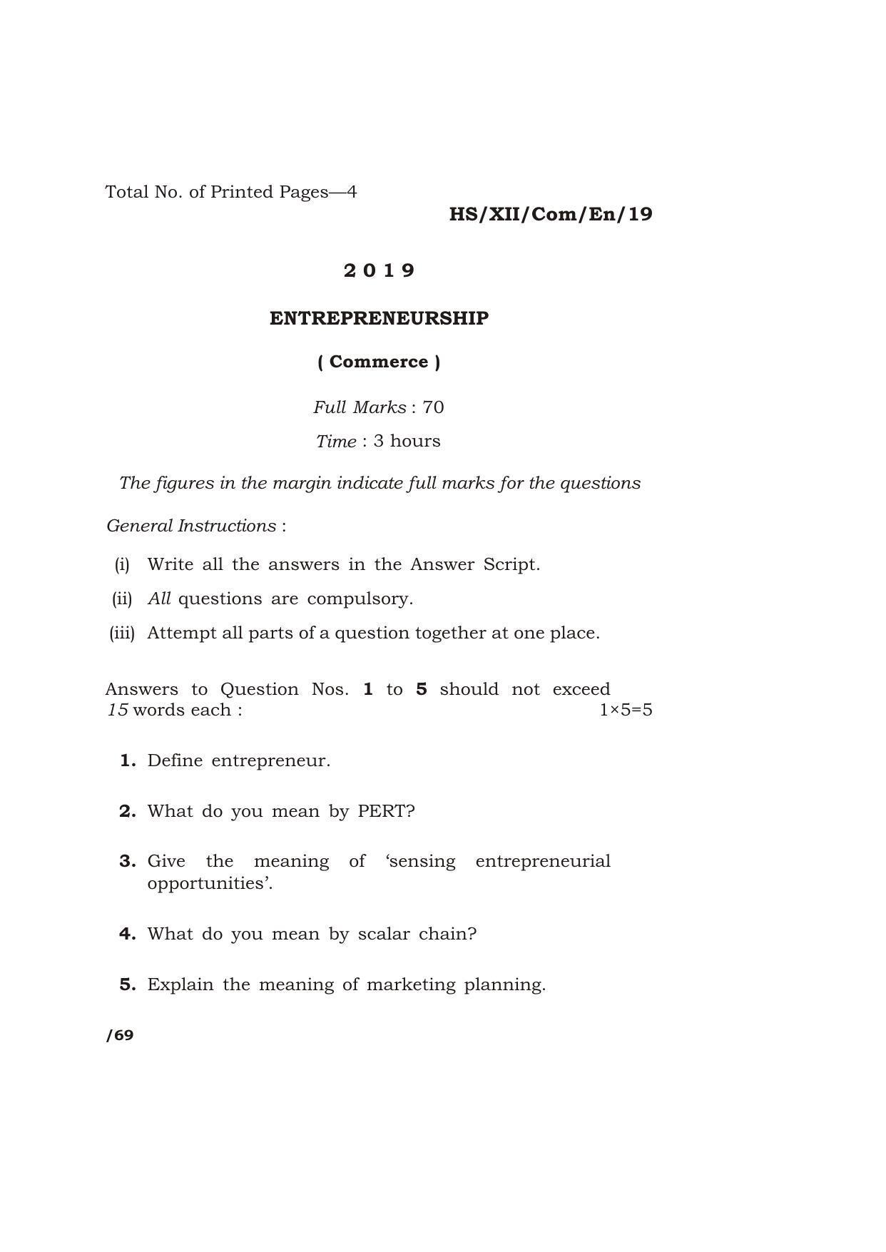 Meghalaya Board (MBOSE) Class 12 ENTREPRENEURSHIP 2019 Question Paper - Page 1