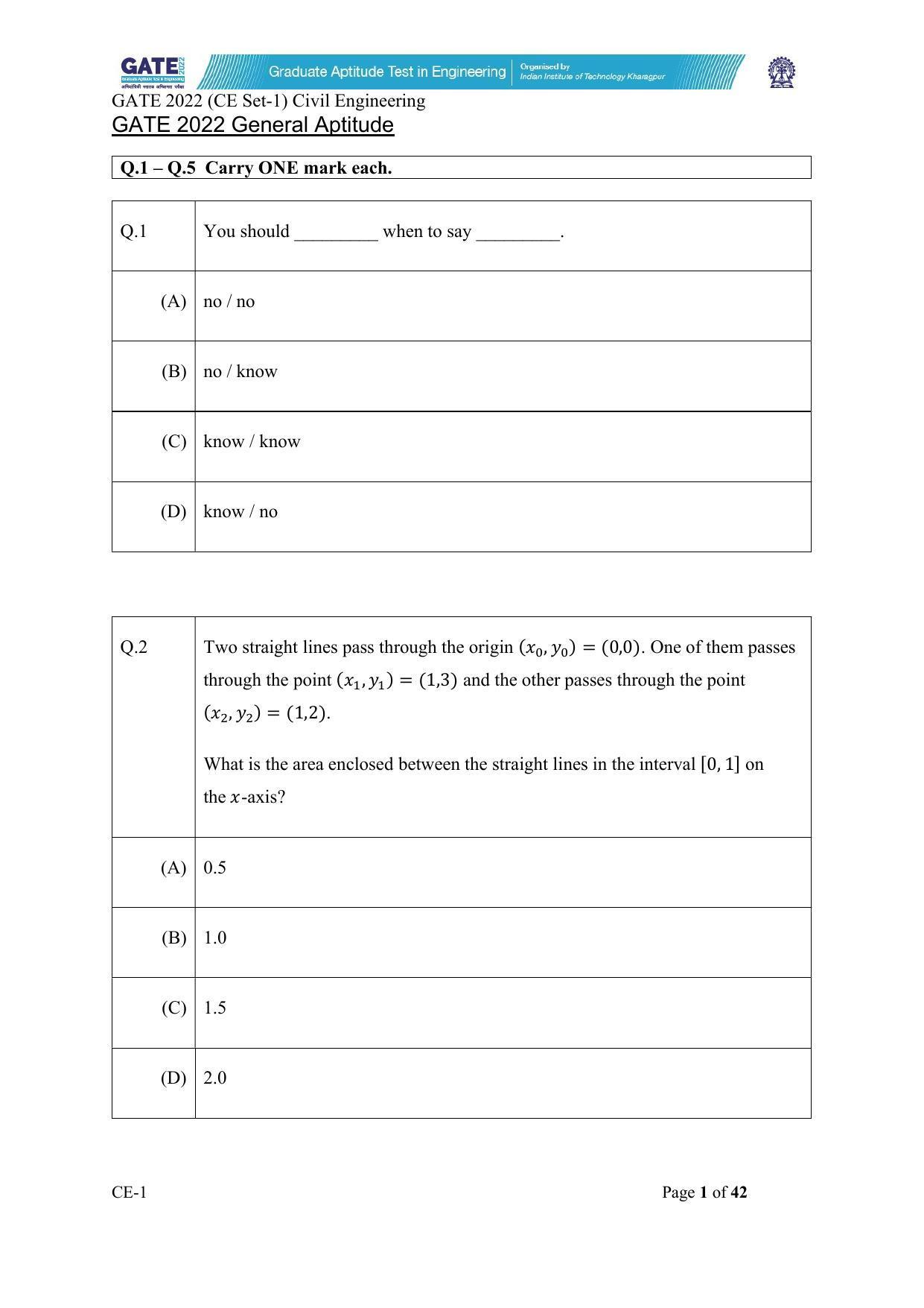 GATE 2022 Civil Engineering (CE-1) (Forenoon) Question Paper - Page 1