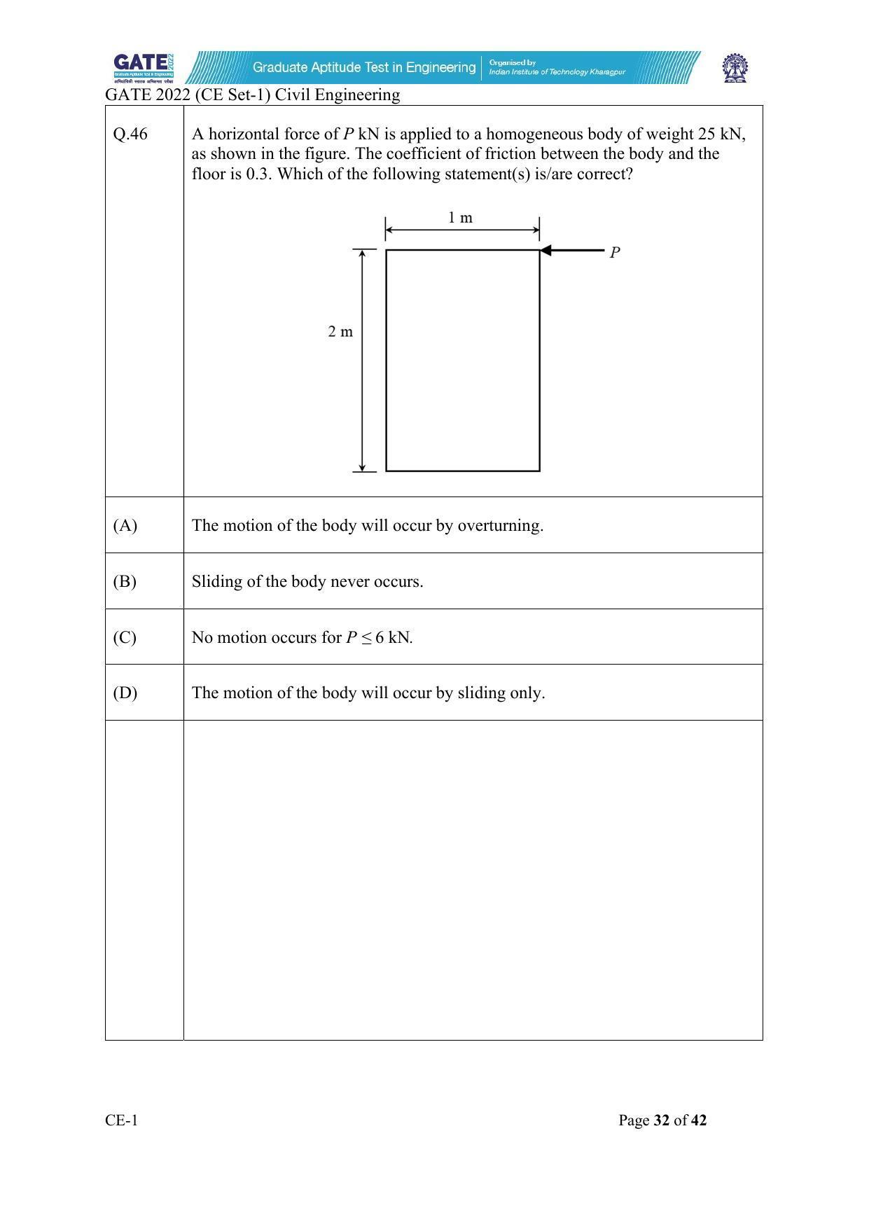 GATE 2022 Civil Engineering (CE-1) (Forenoon) Question Paper - Page 32