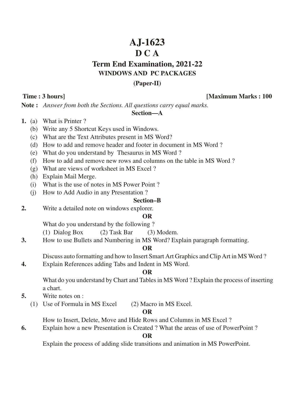 Bilaspur University Question Paper 2021-2022:Diploma In Computer Application Windows & PC Packages Paper 1 - Page 1