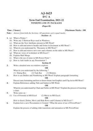 Bilaspur University Question Paper 2021-2022:Diploma In Computer Application Windows & PC Packages Paper 1
