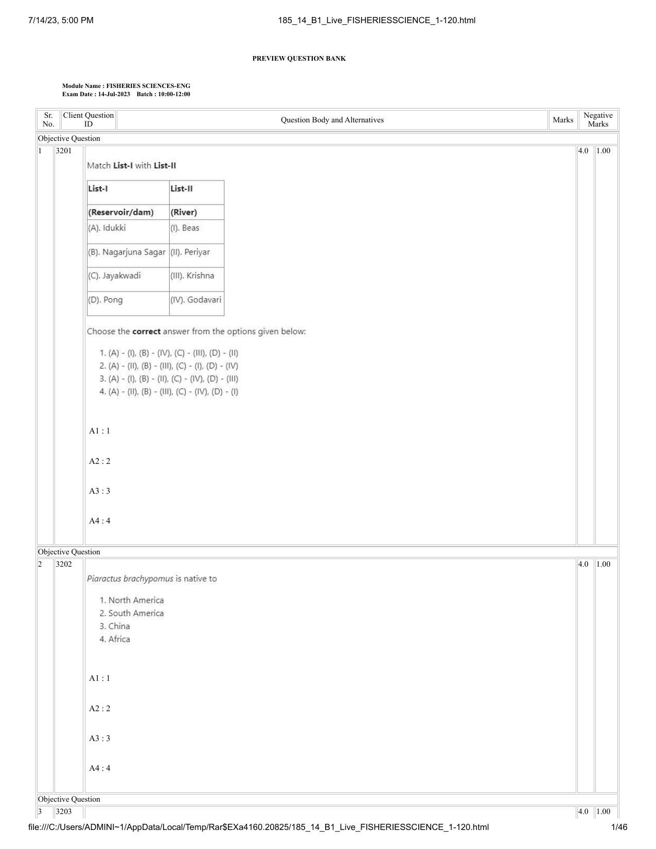 ICAR AIEEA PG 2023 FISHERIES SCIENCES Question Paper- 14 July 2023 - Page 1