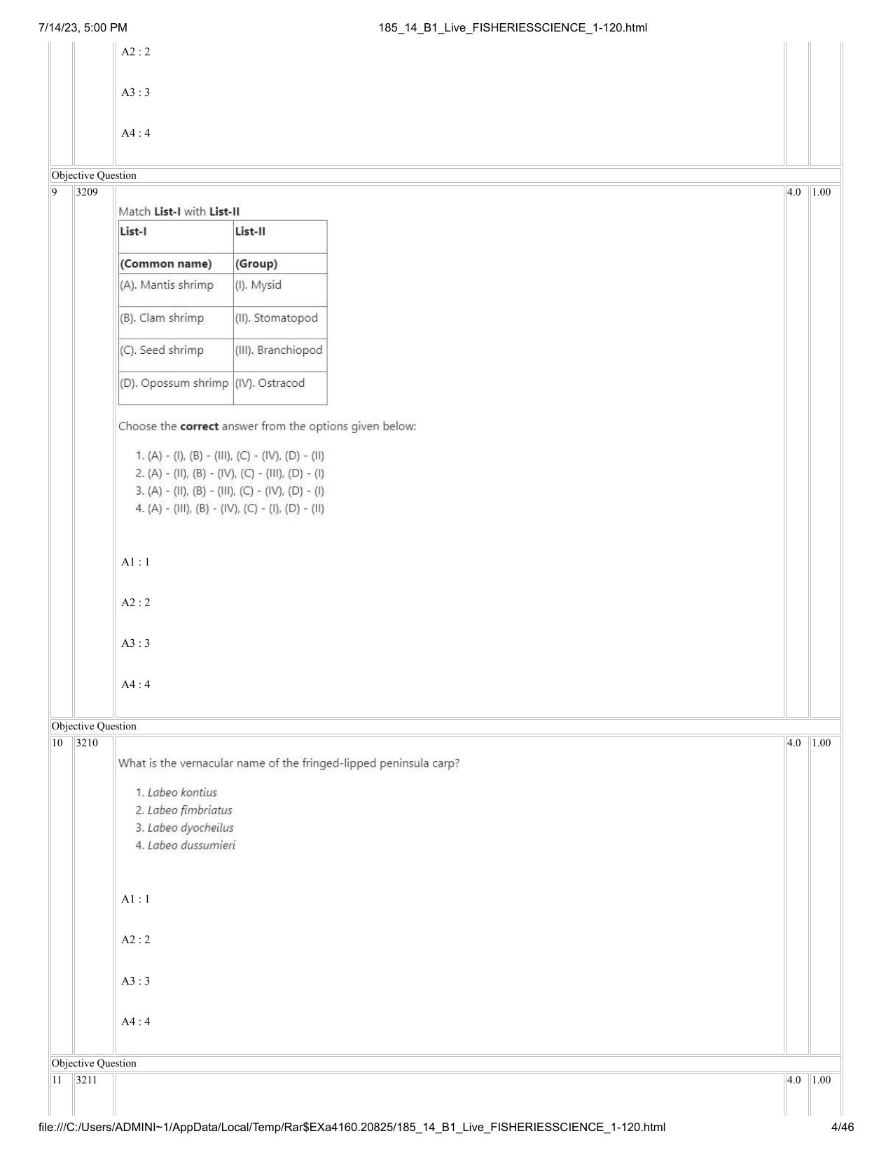 ICAR AIEEA PG 2023 FISHERIES SCIENCES Question Paper- 14 July 2023 - Page 4