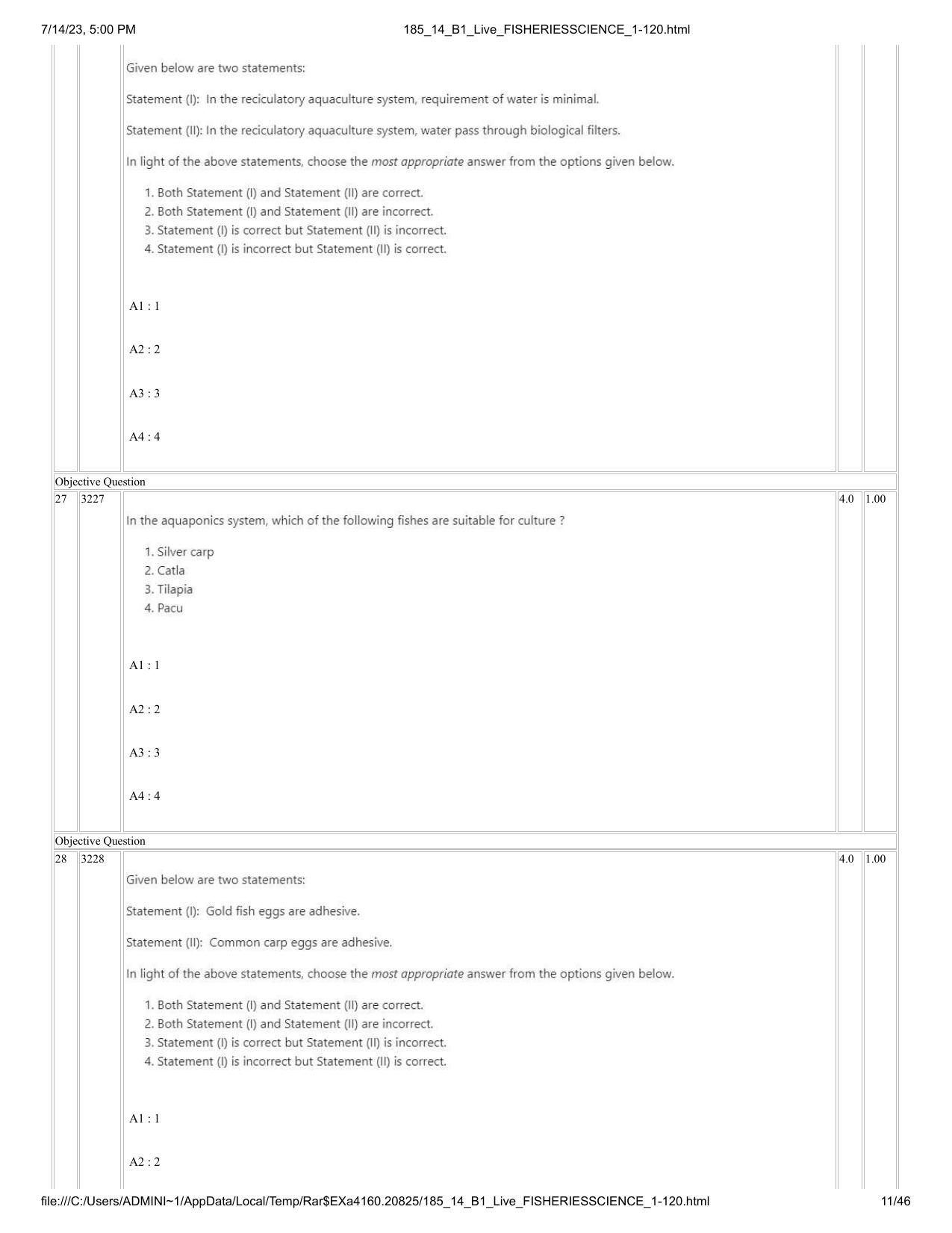 ICAR AIEEA PG 2023 FISHERIES SCIENCES Question Paper- 14 July 2023 - Page 11