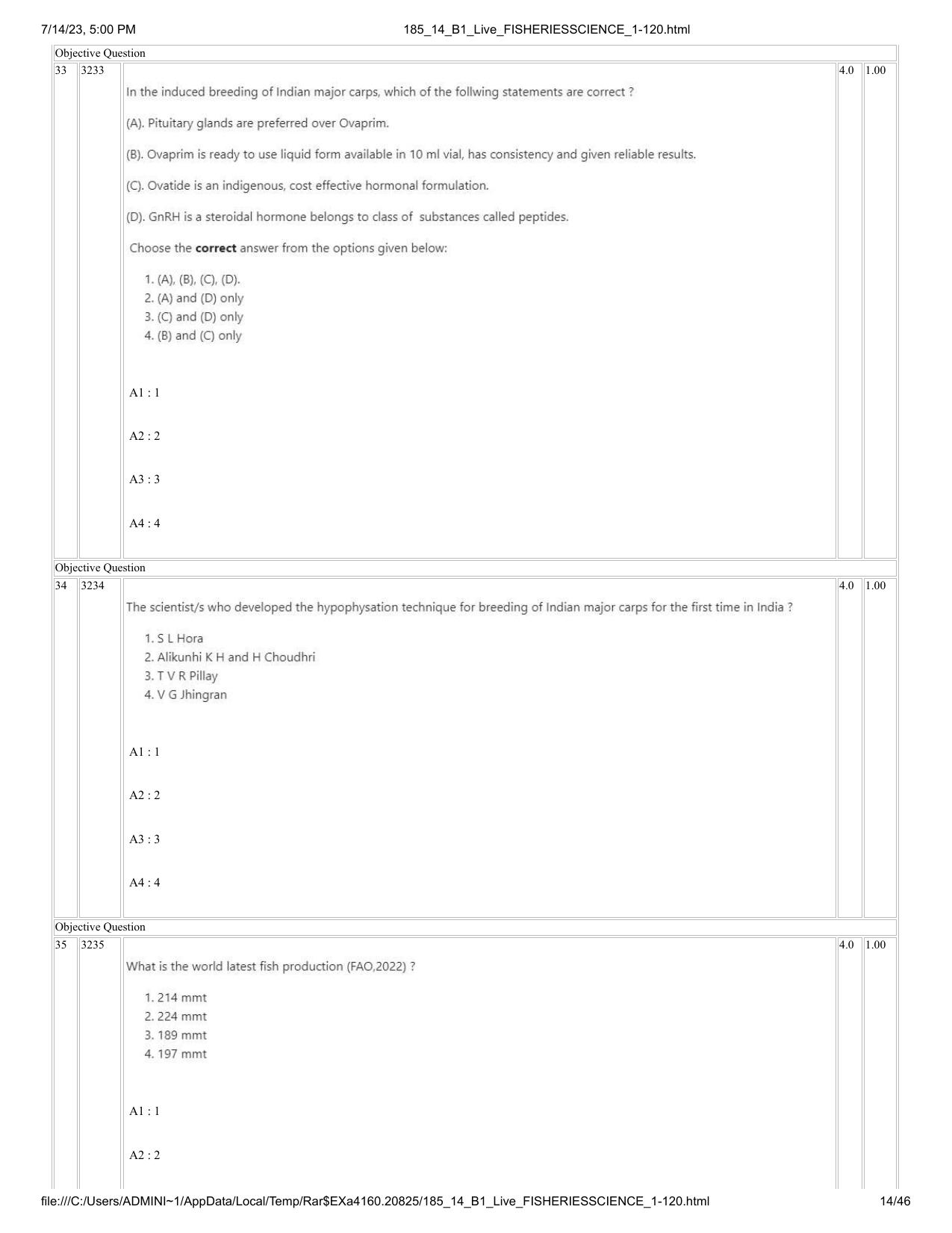 ICAR AIEEA PG 2023 FISHERIES SCIENCES Question Paper- 14 July 2023 - Page 14