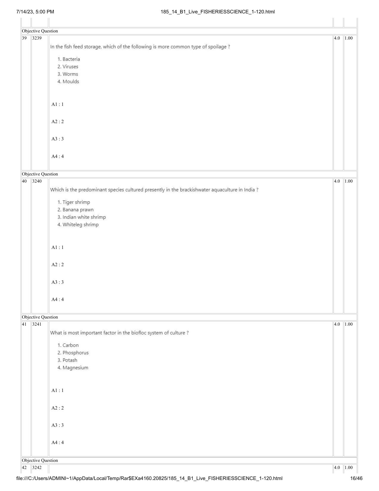 ICAR AIEEA PG 2023 FISHERIES SCIENCES Question Paper- 14 July 2023 - Page 16