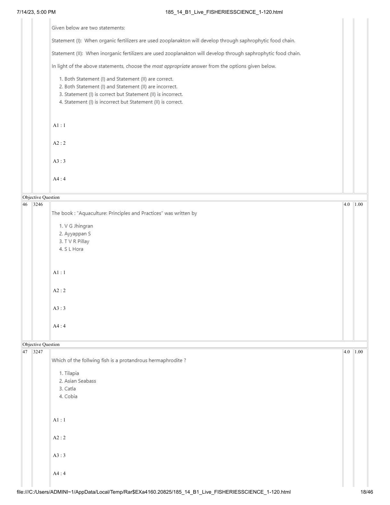 ICAR AIEEA PG 2023 FISHERIES SCIENCES Question Paper- 14 July 2023 - Page 18