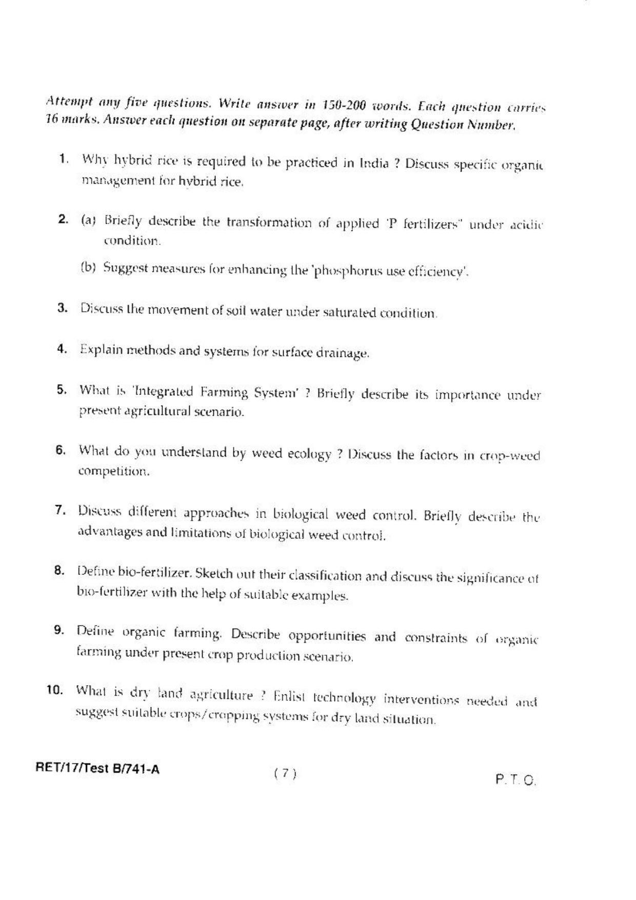 BHU RET(Agriculture) Agronomy 2017 Question Paper - Page 9