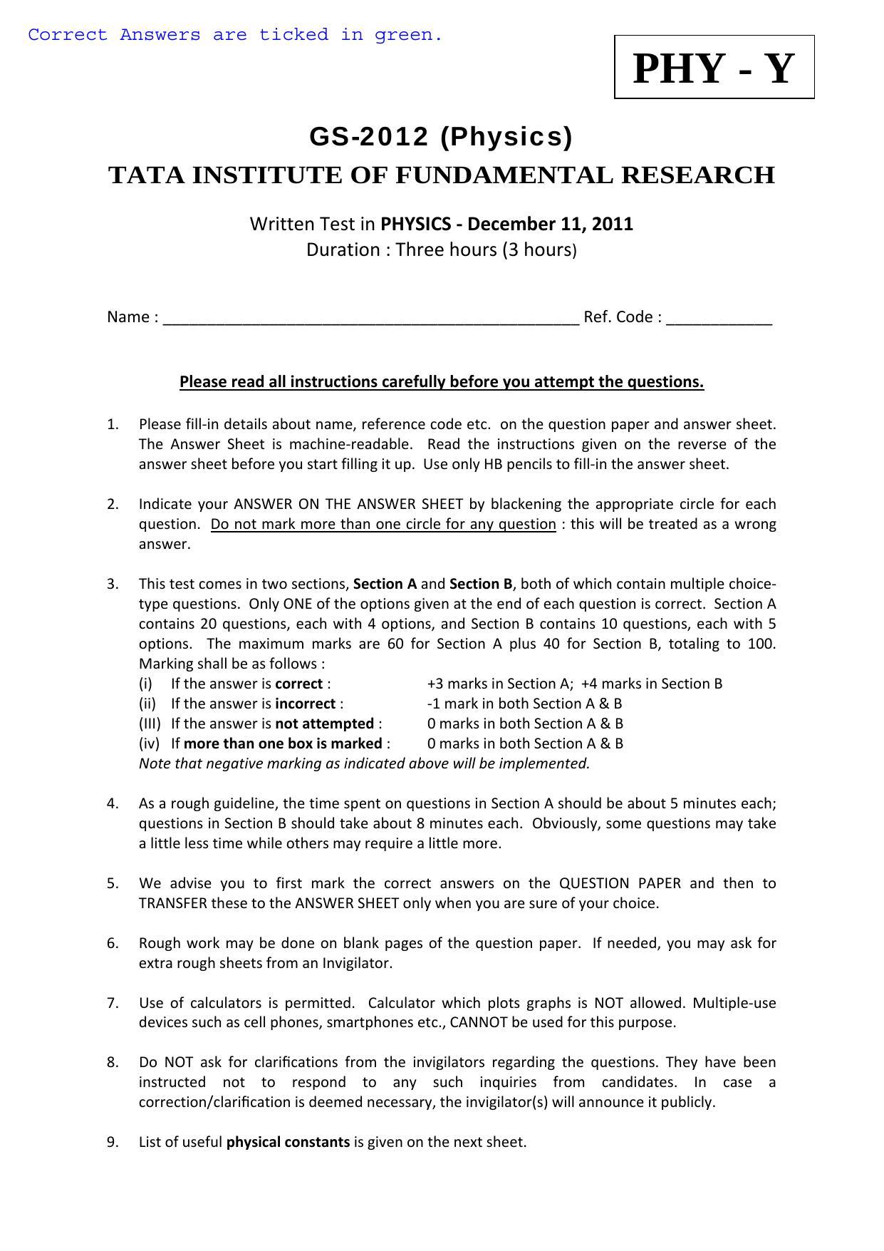 TIFR GS 2012 Physics Y Question Paper - Page 1