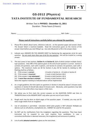 TIFR GS 2012 Physics Y Question Paper