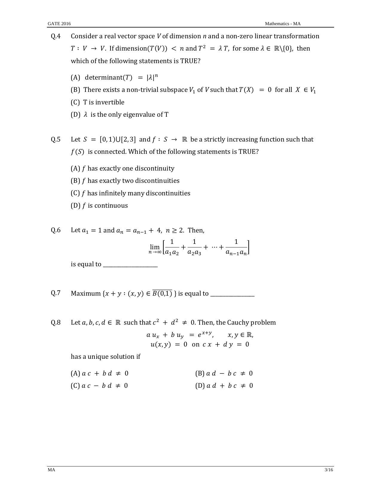 GATE 2016 Mathematics (MA) Question Paper with Answer Key - Page 6