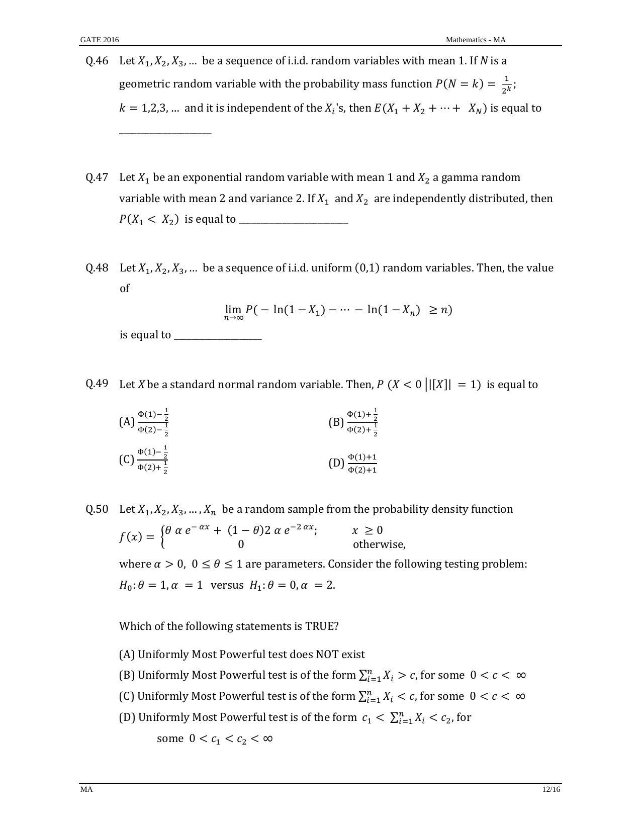 GATE 2016 Mathematics (MA) Question Paper with Answer Key - Page 15