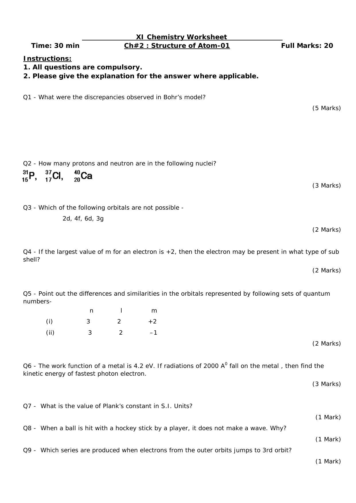 CBSE Worksheets for Class 11 Chemistry Structure of Atom Assignment 1 - Page 1