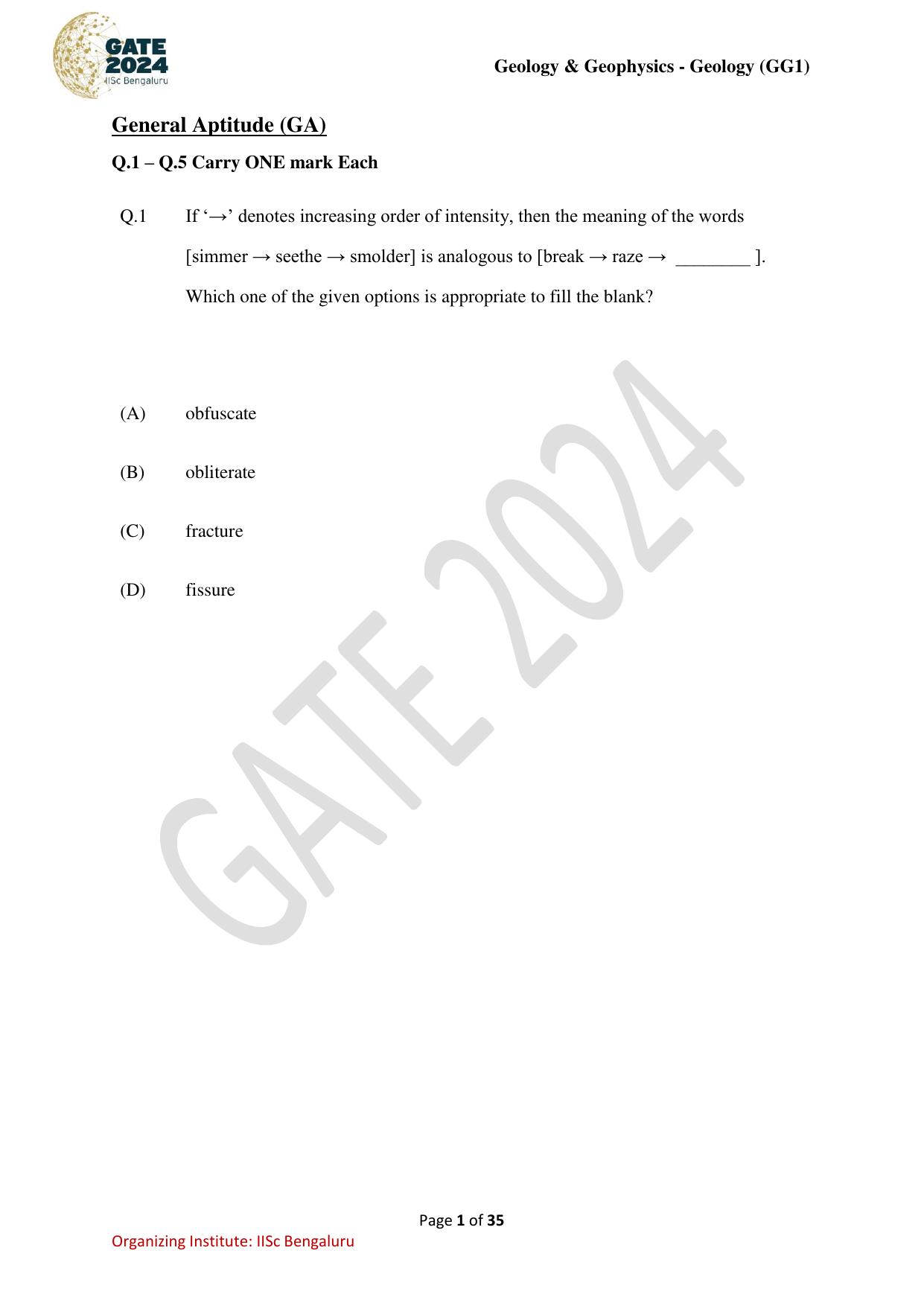 GATE 2024 Geology and Geophysics - Geology (GG-1) Question Paper - Page 1