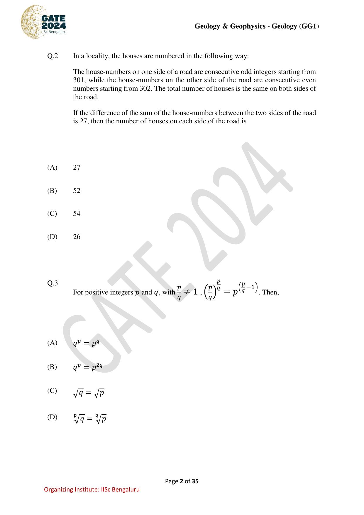 GATE 2024 Geology and Geophysics - Geology (GG-1) Question Paper - Page 2