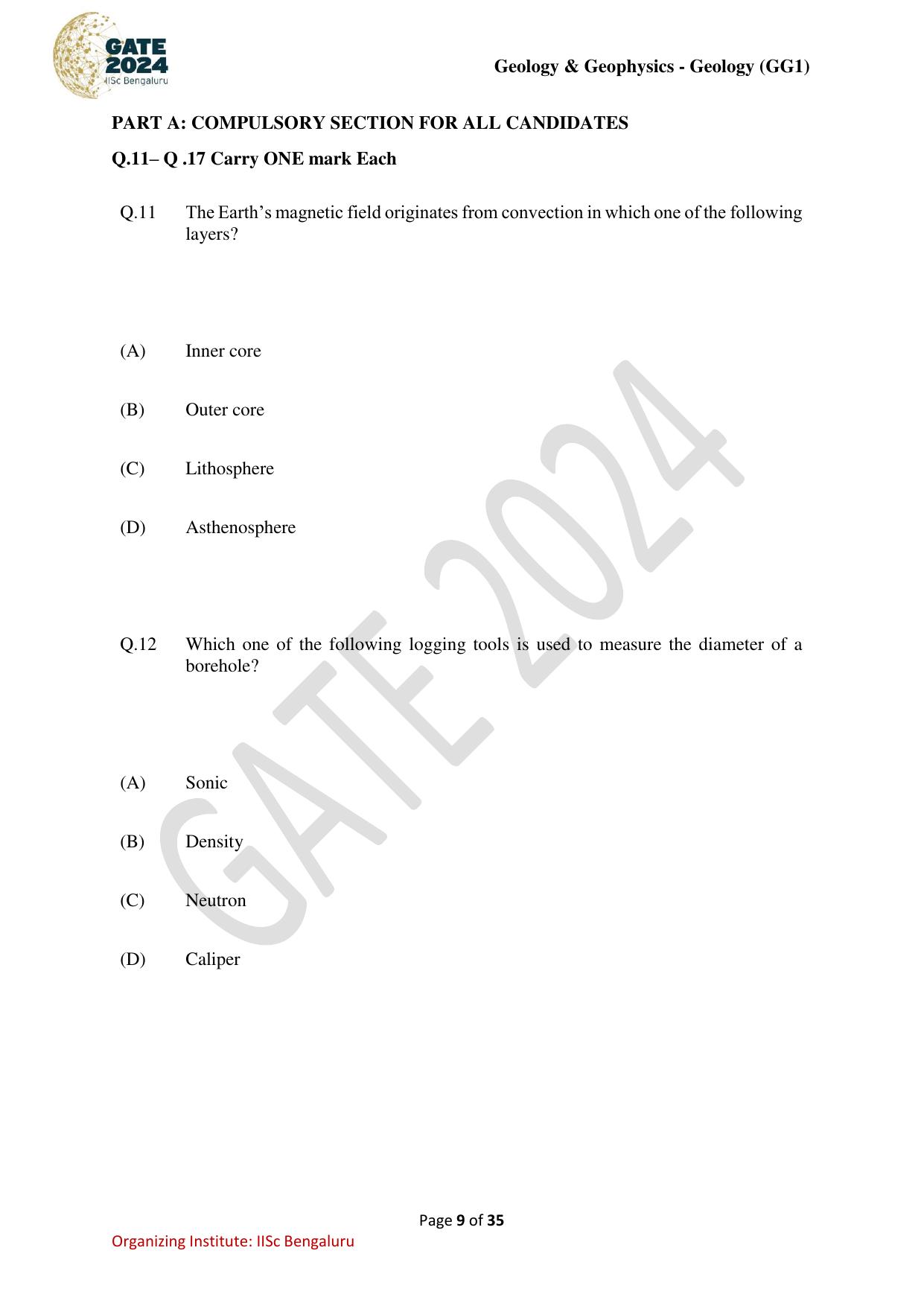 GATE 2024 Geology and Geophysics - Geology (GG-1) Question Paper - Page 9